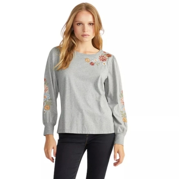 Driftwood Embroidered Floral Puff Sleeve Top - Gray, Boho, 100% Cotton, Large - Picture 1 of 7